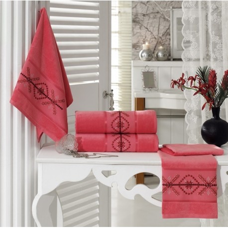 Embroidered Stony Velvet Banyo Havlusu Set Coral