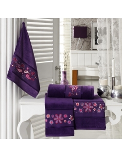 Embroidered Stony Velvet Banyo Havlusu Set Purple