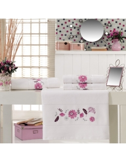 Embroidered Stony Velvet Banyo Havlusu Set White