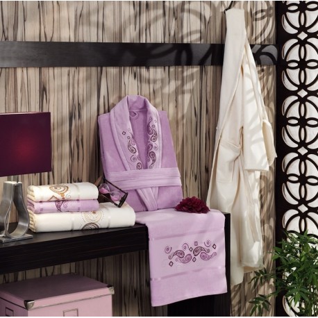 Embroidered Stony Velvet Bathrobe Set Lilac