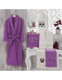 Embroidered Tufting Velvet Bornoz Seti Purple